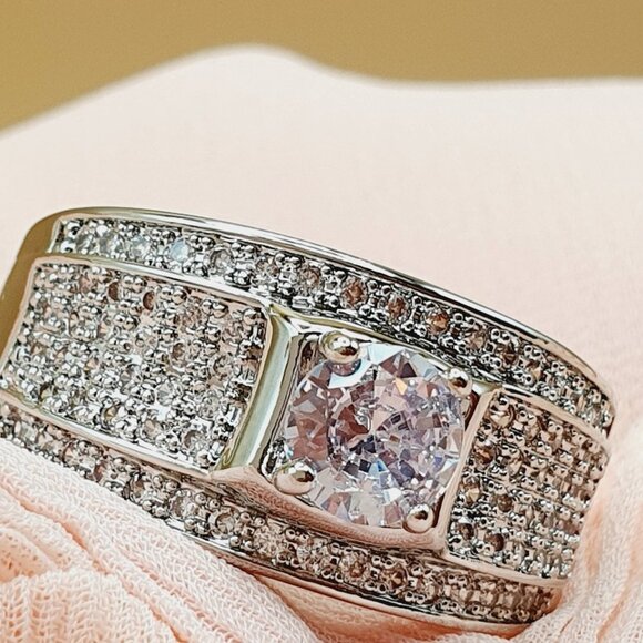 💎 Glitter Zircon Full Filled Silver Chunky Wedding Ring for Man, INDN8362 - Picture 4 of 4